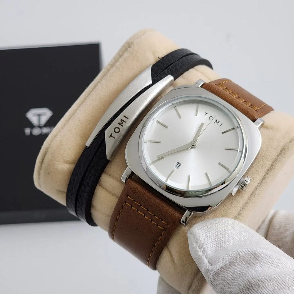 TOMI STYLISH LEATHER STRAP WATCH WITH BRACELET