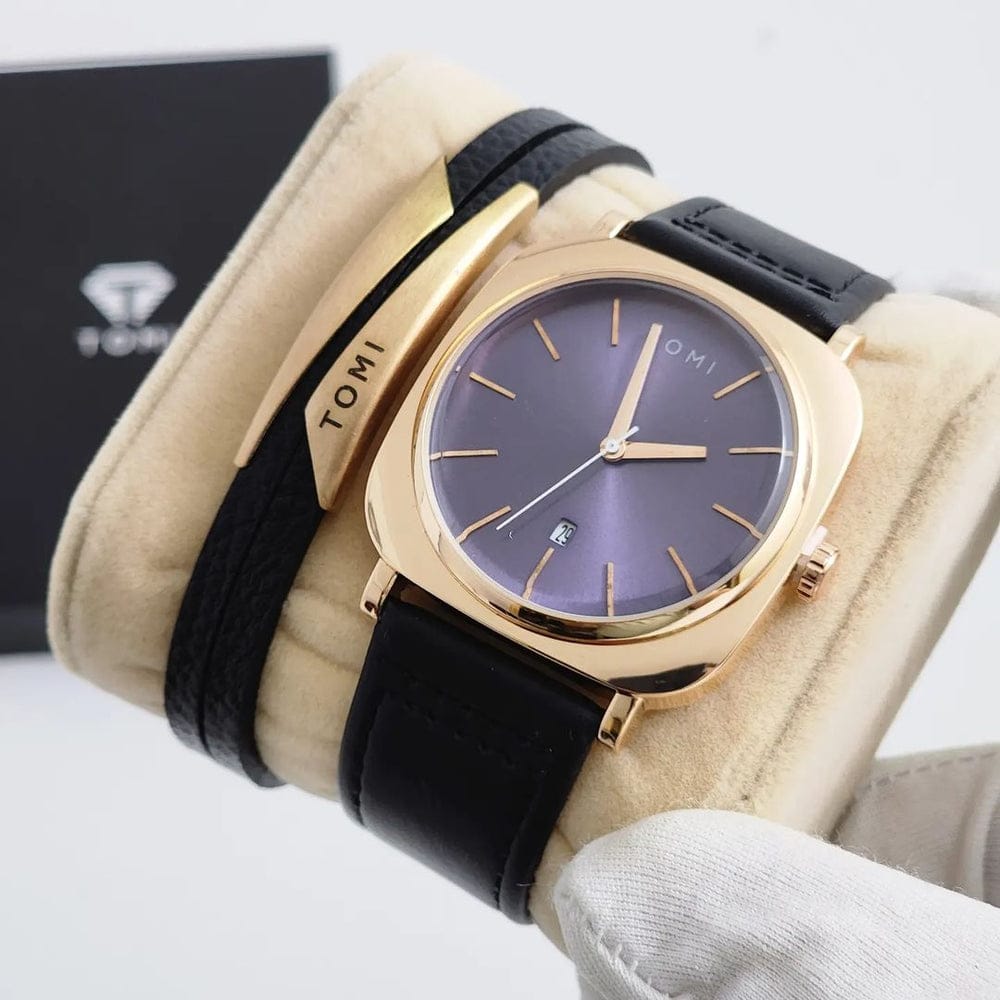TOMI STYLISH LEATHER STRAP WATCH WITH BRACELET