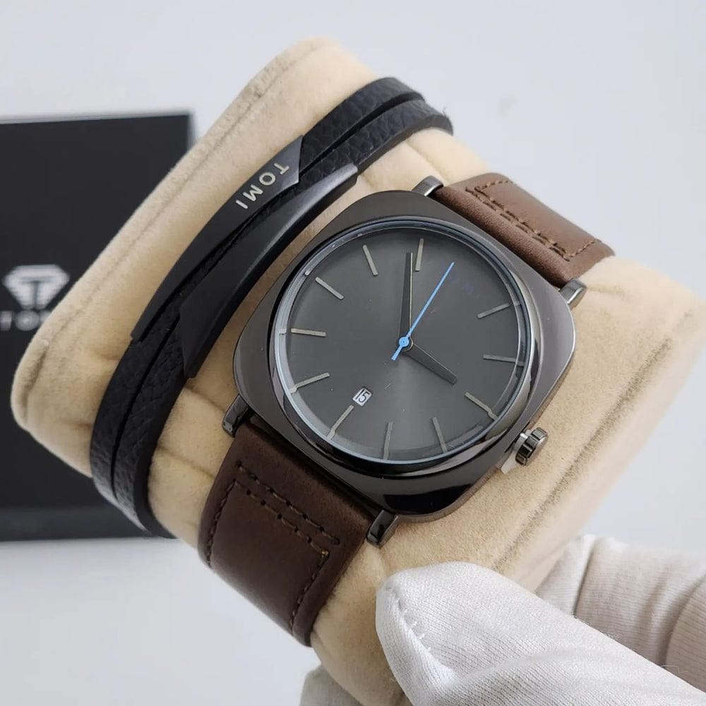TOMI STYLISH LEATHER STRAP WATCH WITH BRACELET
