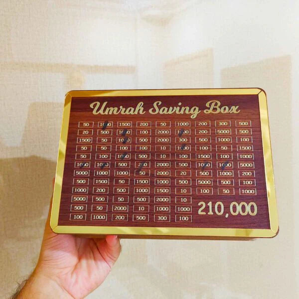 Wooden Umrah Saving Box - 280 Days Savings Plan - Islamic Halal Money Jar for Hajj & Umrah