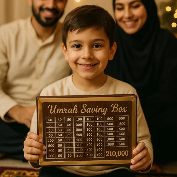 Wooden Umrah Saving Box - 280 Days Savings Plan - Islamic Halal Money Jar for Hajj & Umrah