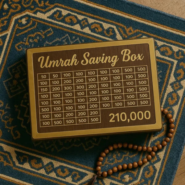Wooden Umrah Saving Box - 280 Days Savings Plan - Islamic Halal Money Jar for Hajj & Umrah