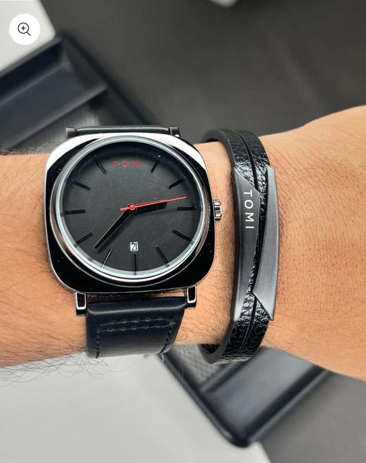 TOMI STYLISH LEATHER STRAP WATCH WITH BRACELET